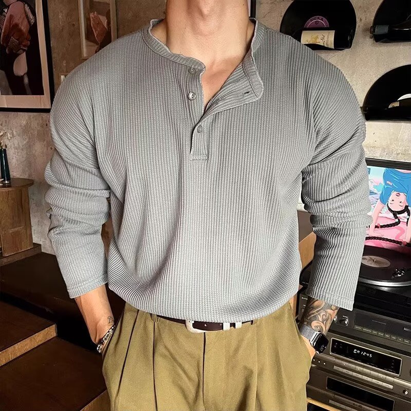 纯色爆款亨利衫长袖t恤男大码男装华夫格直筒袖口百搭显瘦