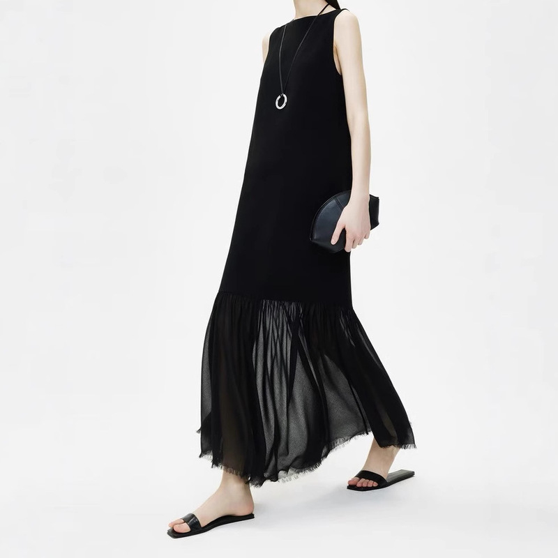 2026 Summer Elegant Goddess Acetate Spliced Transparent Sheer Handmade Textured Sleeveless Dress Light Luxury High-End Tank Dress