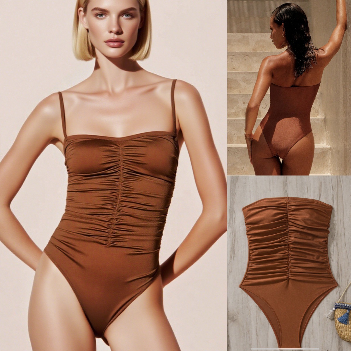 纯色遮肉泳衣高级感辣妹褶皱连体比基尼遮肉海边度假光感面料泳装