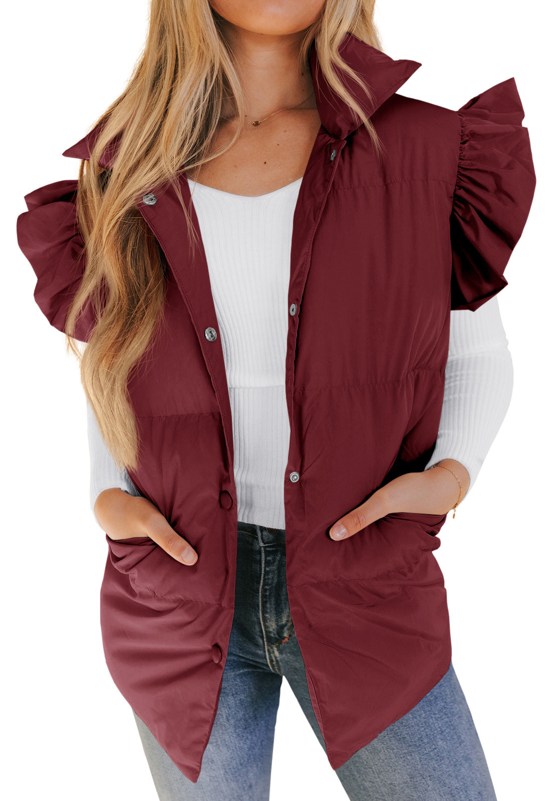 Grenzüberschreitende europäische und amerikanische Herbst- und Winterneuheiten mit lockerer Tasche und Baumwollpolsterung, fliegende Ärmel, elegante Weste, Stehkragen, Mode, Einreiher_voghion.com