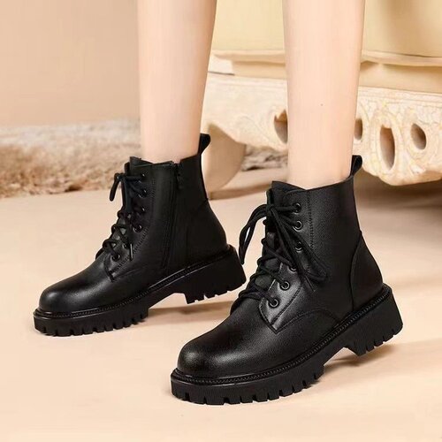 Women's chunky-heel Martin boots, new autumn/winter single boots, fleece-lined warm cotton boots, British-style thick-soled ankle boots for women.