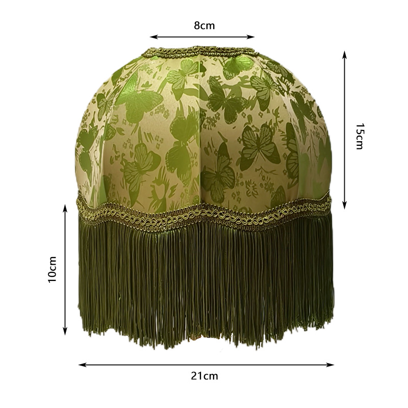 Lámpara de mesa de cobre con pantalla de satén de seda transfronteriza, color verde manzana claro, moderna, hecha a mano, con borlas, para iluminación de dormitorio y uso doméstico.