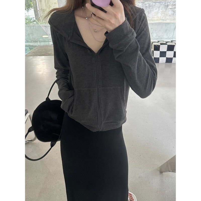 Unique Casual Early Spring and Autumn Ultra-Soft Hooded Zipper Cardigan Jacket for Women, Pure Desire Slim Fit Versatile Dark Gray Sweatshirt