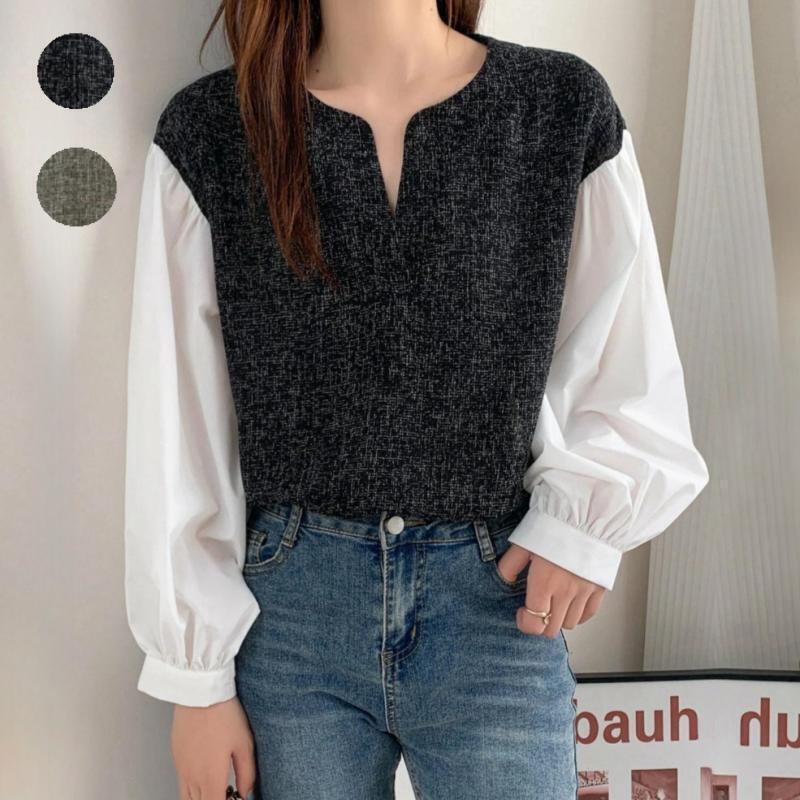 Hot-Selling New Japanese-Style Spring Women's Clothing, Chanel-Inspired Color-Blocking Versatile Lantern Sleeve Faux Two-Piece Shirt