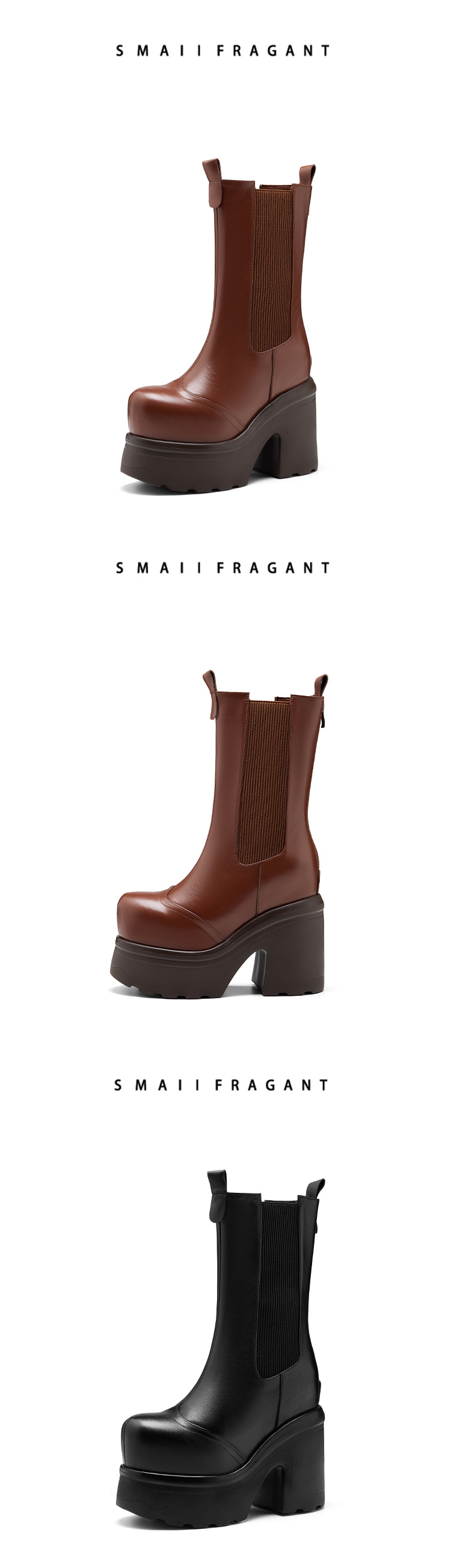 Boot nữ da thật cổ cao ôm bắp chân, đế dày tăng chiều cao, phong cách Anh Quốc — nhung nâu chi tiết 8