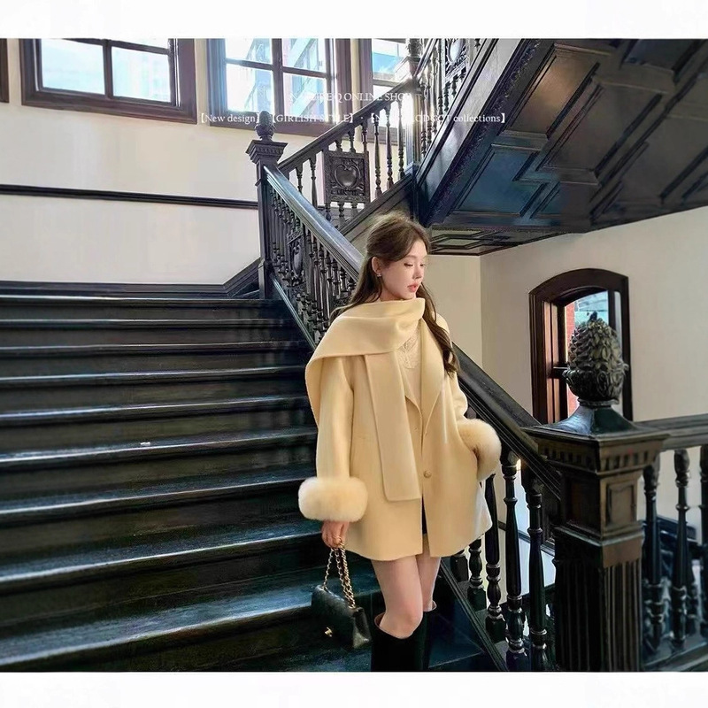 2025 New Autumn and Winter Fox Fur Bathrobe Mid-Length High-End Women's Woolen Outwear Outwear Women's Double-Sided Woolen Outwear