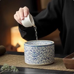 徳化汝窯枝蓮茶かすかめ蓋付き飛灰防止灰皿青花茶洗水盆茶道部品