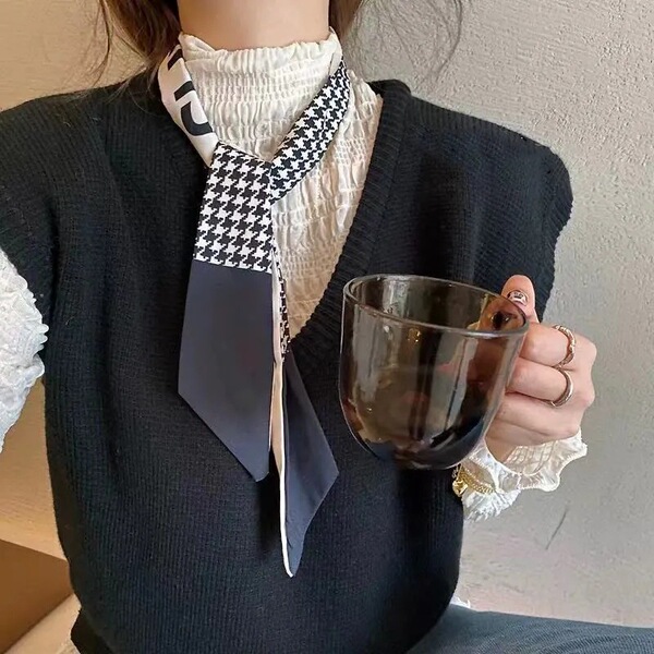 千鸟格小长条领巾女法式优雅小丝巾潮学生复古高级飘带绑包丝带
