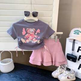 童装批发女童套装夏季25新款儿童女宝宝卡通熊短袖T恤加短裙套装
