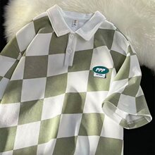 新款日系港风男上衣t恤短袖夏季宽松情侣潮流网红同款格子polo衫