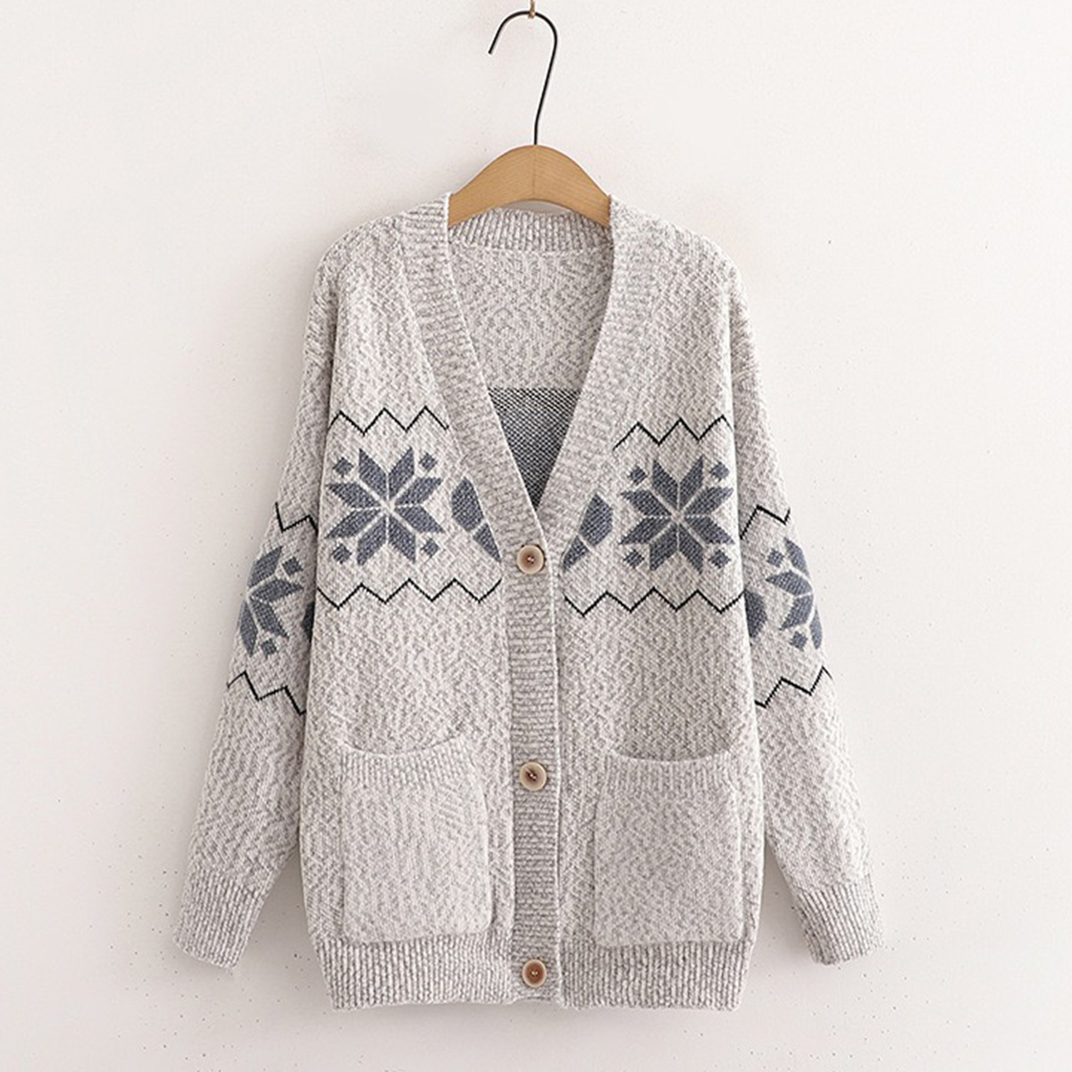 Women's V-Neck Snowflake Jacquard Cardigan – Soft Chenille Knit Sweater With Button Front, Cozy Oversized Pullover For Fall & Winter_voghion.com