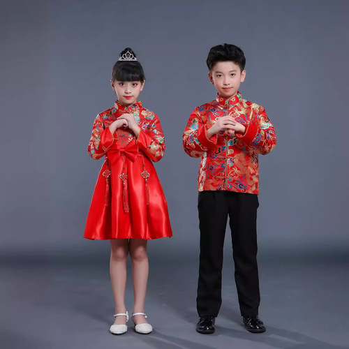 Children's Tang Suit Boys' Suits Chinese Style New Year's Day Performance Costumes Festive Hanfu Girls' Ancient Costumes Princess Skirts Thickened Winter