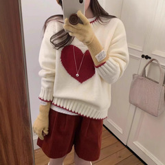 韩系圆领软糯爱心撞色毛衣2025秋冬女装甜美慵懒风宽松针织套头女