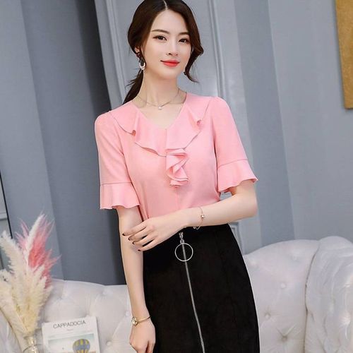 Women's Short Sleeve Summer Korean Style Collar Fitted Slimming Casual Versatile Plus Size Bell Sleeve Top