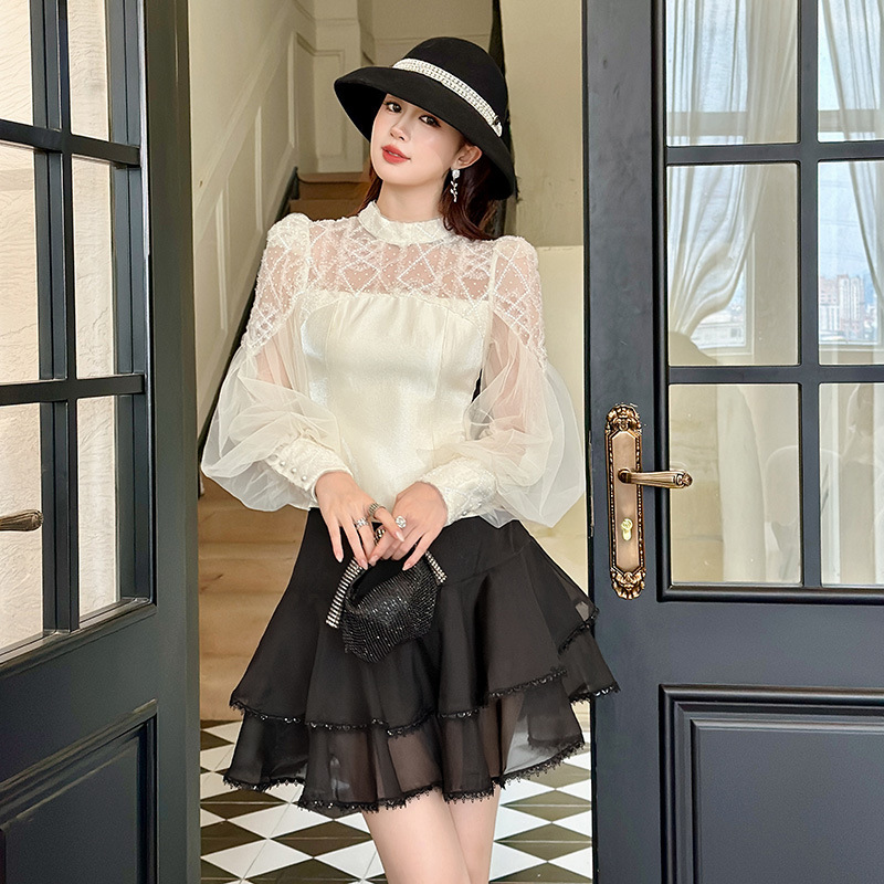 Vintage stand-up collar sheer lace long-sleeve shirt with mesh lantern sleeves and satin splicing, elegant short-length blouse 11693