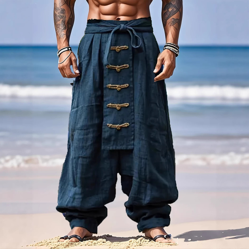 Polyester Men's Linen-Style Trousers, Summer Elastic Waist, Wide-Leg, Solid Color, Comfortable, Breathable, Vacation Fashion, Classic Style