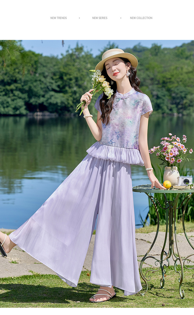 Set áo sơ mi phối quần ống rộng nữ thắt eo 2026 — màu tím chi tiết 16