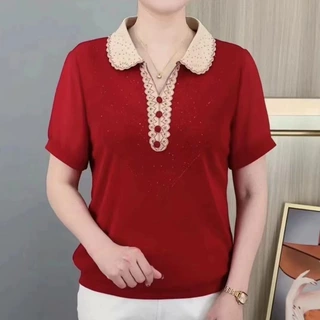 妈妈夏装短袖休闲T恤中老年女装夏季减龄显瘦翻领小衫上衣