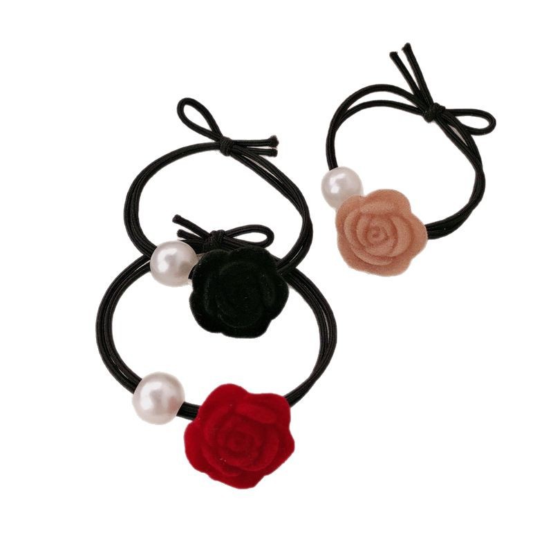 Temperamento francés retro perla flor rosa cuerda para el cabello lazo para el cabello de alta elasticidad cuerda para el cabello de cola de caballo banda de goma accesorios para el cabello femenino