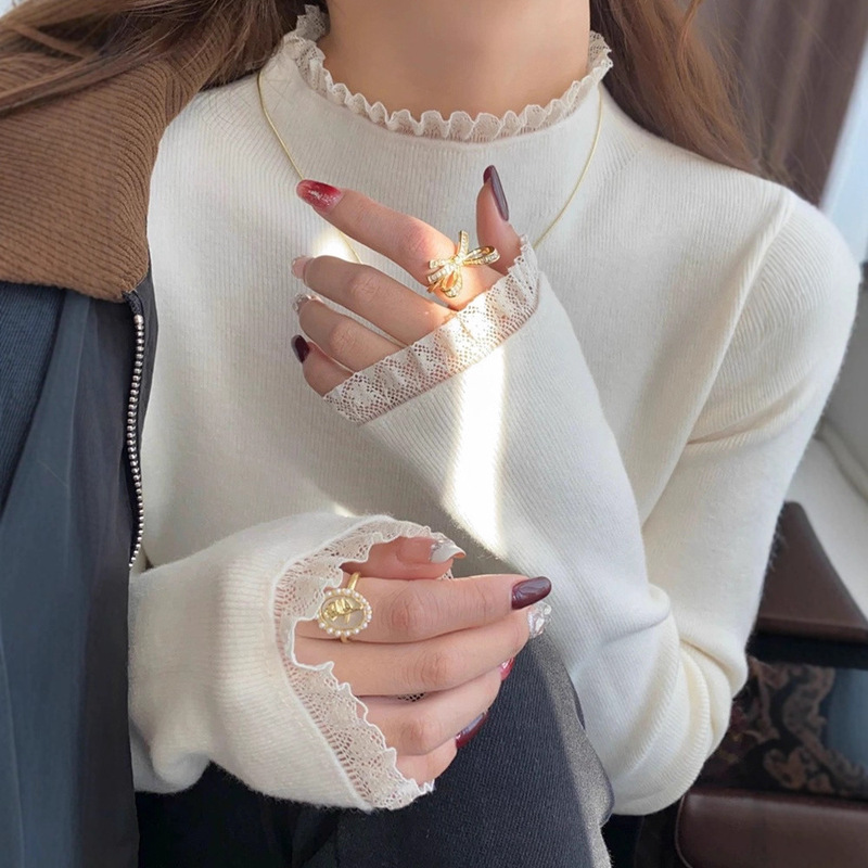 Half-Turtleneck Sweater for Women, Autumn and Winter 2026 New Fashion Slim-Fit Stylish Lace Inner Knit Top Half-Turtleneck Sweater for Women, Autumn and Winter 2026 New Fashion Slim-Fit Stylish Lace Inner Knit Top