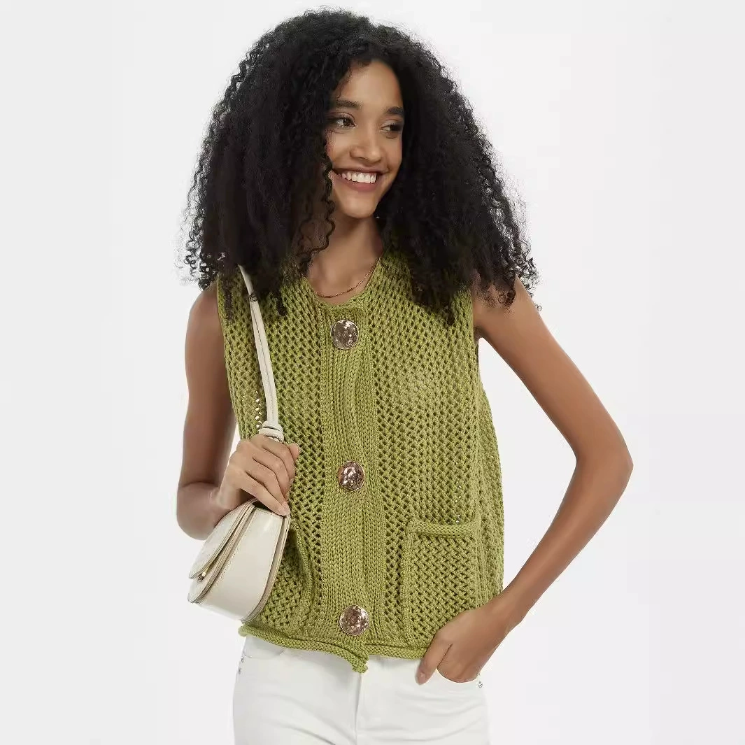 Трансграничная женская одежда оптом в европейском и американском стиле повседневная дикие сплошные толстые иглы вязаные жилеты карманные украшения жилет кардиган осень