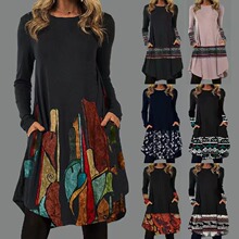 独立站 wish  亚马逊 2022民族风印花街头潮人高端套头长袖连衣裙