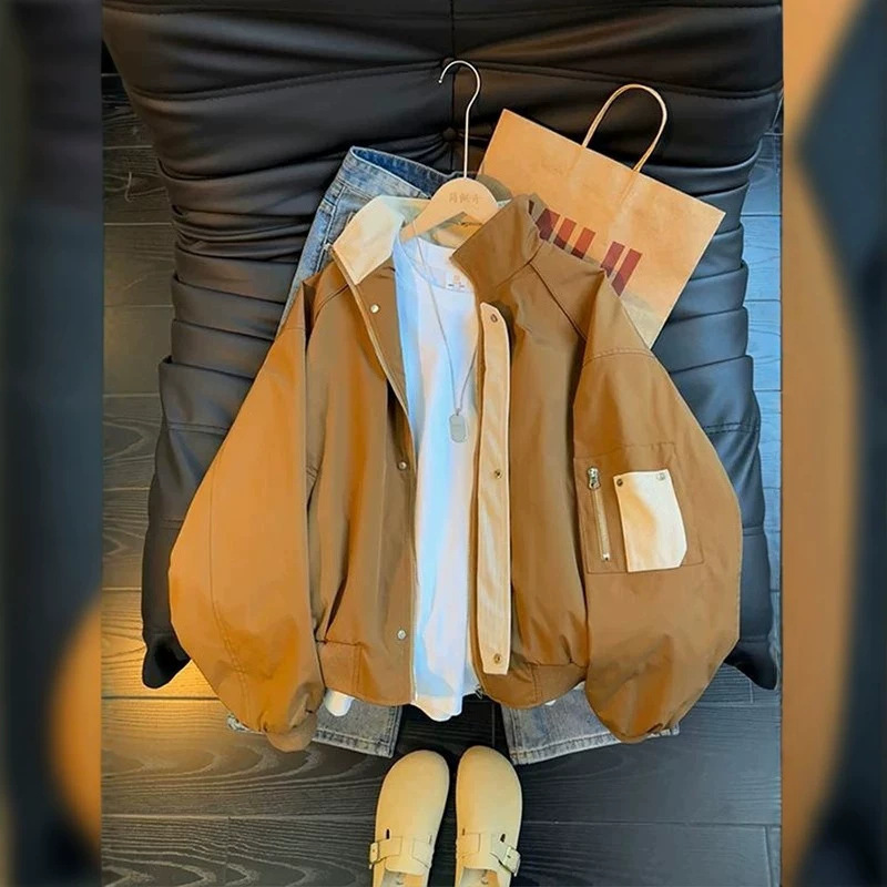 American-style stand-up collar zip-up jacket for men and women, loose-fitting workwear jacket for couples, functional casual windproof jacket for autumn American-style stand-up collar zip-up jacket for men and women, loose-fitting workwear jacket for couples, functional casual windproof jacket for autumn
