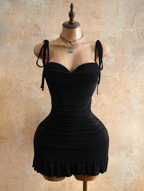 Sensual Bodycon Mini Dress With Ruffle Trim, Backless Halter Neck, And Waist-Gathering Pleats For A Flattering Fit_ecoleips.com
