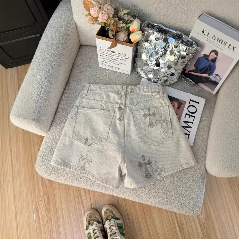 Printed Cross Pattern A-Line Denim Shorts for Women, New Summer Style, High-Waisted, Slimming, Fashionable, Versatile, Butt-Lifting, Wide-Leg Hot Pants