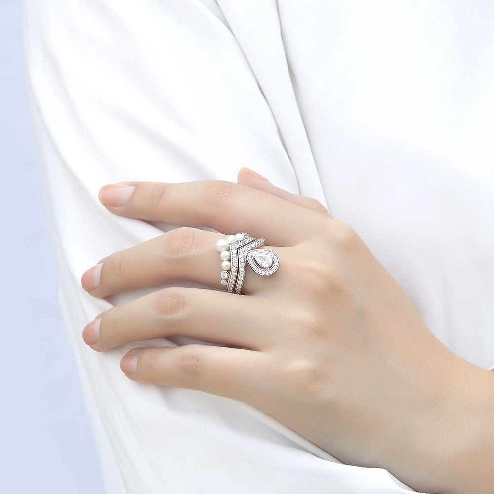 Set pearl drop-shaped, wedding ring, Amazon, silver 925 sample