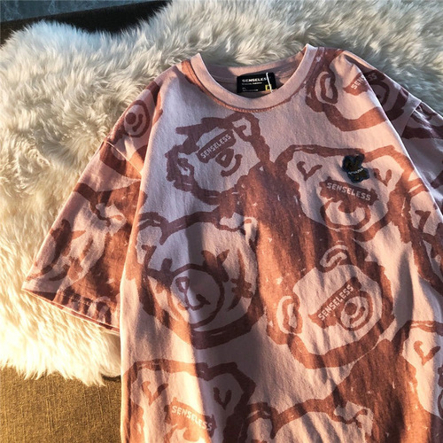 Summer new style 2024 Korean style loose full print bear print short-sleeved T-shirt female students all-matching Harajuku style top