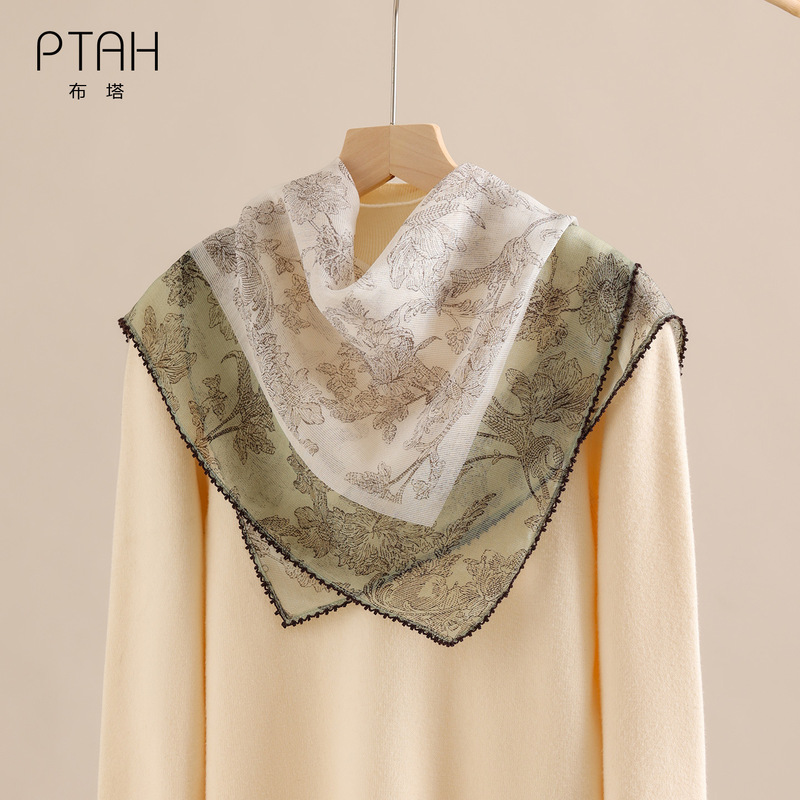 Buta printed wool women's scarf with lace trim, designer style, green, thin, high-end PT26K739 Buta printed wool women's scarf with lace trim, designer style, green, thin, high-end PT26K739