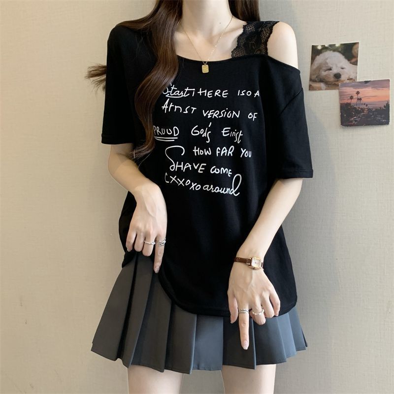 大きいサイズのレタープリントオフショルダー半袖Tシャツ女性用2025年夏新作ファットmmルーズスリミングファッショントップ女性用|undefined