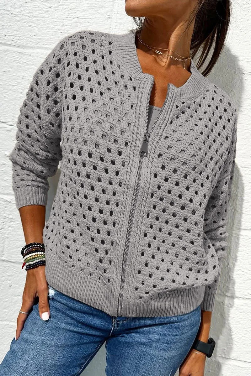 2026 nueva estación independiente de Amazon Europa y Estados Unidos ropa de mujer casual jersey hueco chaqueta con cremallera de punto chaqueta de mujer