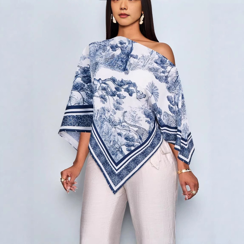 European and American Cross-Border Printed Loose Shirts for Women 2026 New Style Off-Shoulder Cape-Style Vacation Style Women's Blouse Top European and American Cross-Border Printed Loose Shirts for Women 2026 New Style Off-Shoulder Cape-Style Vacation Style Women's Blouse Top