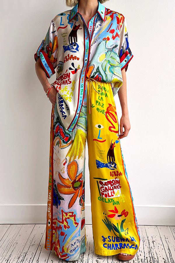 455g Weight Half Sleeve Sleeve Length Polyester, Satin Fabric Type Pant Co-ord Set Sets Type 2 Pieces Set Quantity Holiday Occasion Shirt Collar Neckline Comfort Function Regular Fit Fit Type Color Block Pattern Summer Season Women's Gender Streetwear Style Holiday Women's Streetwear Color Block Polyester Satin Pant Co-ord Set Pants Sets 无