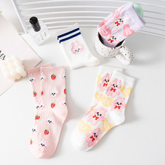 Japanese cartoon style girls' pink colorway combed cotton crew socks, sweet and cute rabbit absorbent and breathable knee-high socks