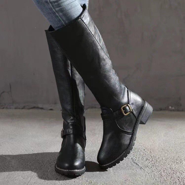 Belt buckle solid color long boots, high-tube autumn and winter women's boots, 2023 Amazon new thick-heeled women's riding boots, European and American style