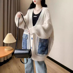 女性用ゆったりとした大きめのセータージャケット、ホンタイヨーロッパステーション秋冬新作、レイジースタイル、デニムニットカーディガン