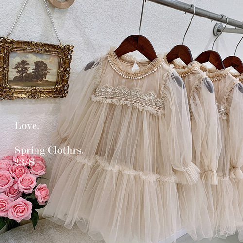 Girls' Dresses Spring and Autumn 2024 New Style Children's and Baby Girls' Style Lace Splicing Puffy Shape Princess Dress