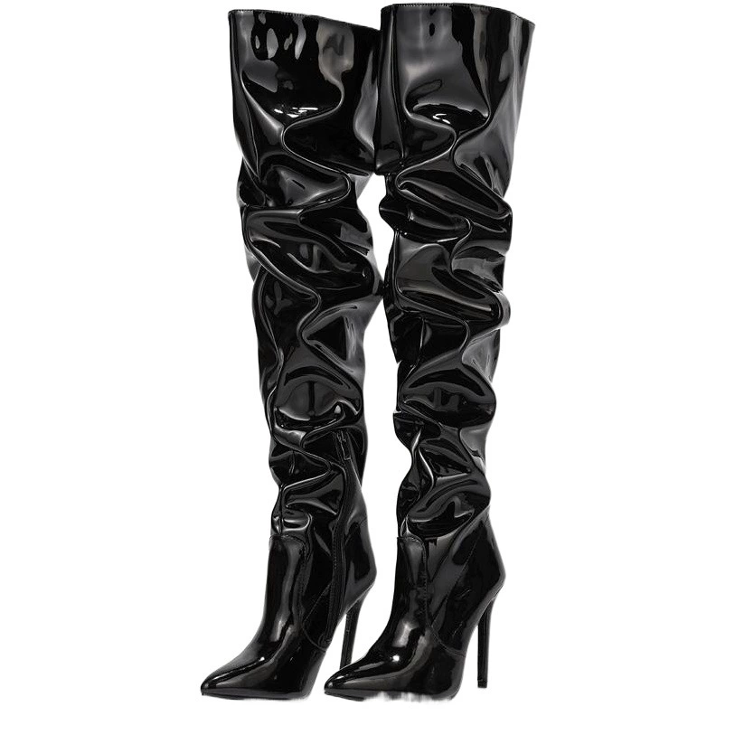 Эластичные Сапоги выше колена, Новинка осени 2020, женские сапоги на тонком каблуке из лакированной кожи с высокой посадкой и застежкой-молнией черного цвета, в европейском и американском стиле