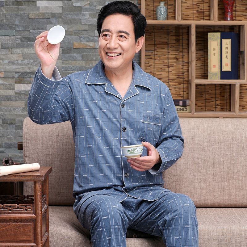 Pijamas de mediana edad y ancianos hombres 100% algodón primavera y otoño manga larga otoño e invierno más tamaño viejo papá traje de uso doméstico