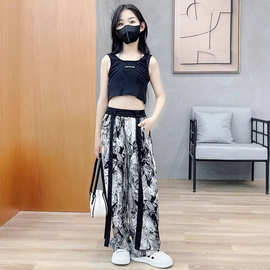 女童防蚊裤夏季冰丝水墨画裤子新款洋气女大童夏装薄款国风阔腿裤