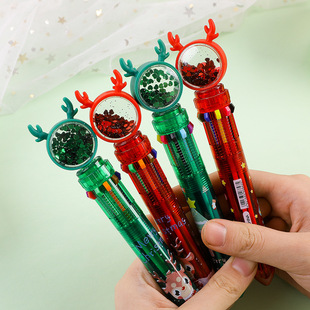 Cartoon Christmas Sequins Ten-Colorful Ballpoint Pen Creative Sequins Press Hand Account Colorful Oil Pen Student Christmas Gift