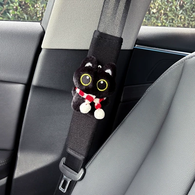 Cute Little Black Cat Car Seatbelt Shoulder Pad, Car Accessory, Protective Cover, Plush Toy, Car Interior Decoration, Anti-Neck Strangulation for Women (Seat belt shoulder pad) - black-cat-with-red-and-white-scarf-linen-shoulder-pads-black