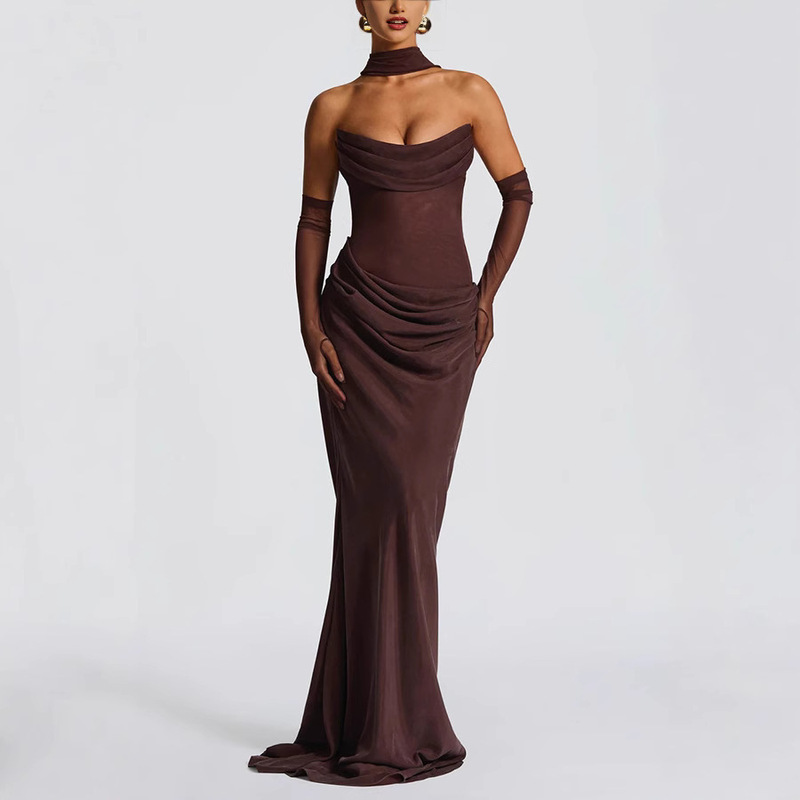 2025 New European and American Amazon Cross-Border Export Women's Clothing Elegant and Fashionable Pleated Dress with Gloves