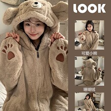 可爱小熊连帽珊瑚绒睡衣女加绒加厚冬季新款毛绒绒家居服套装冬天