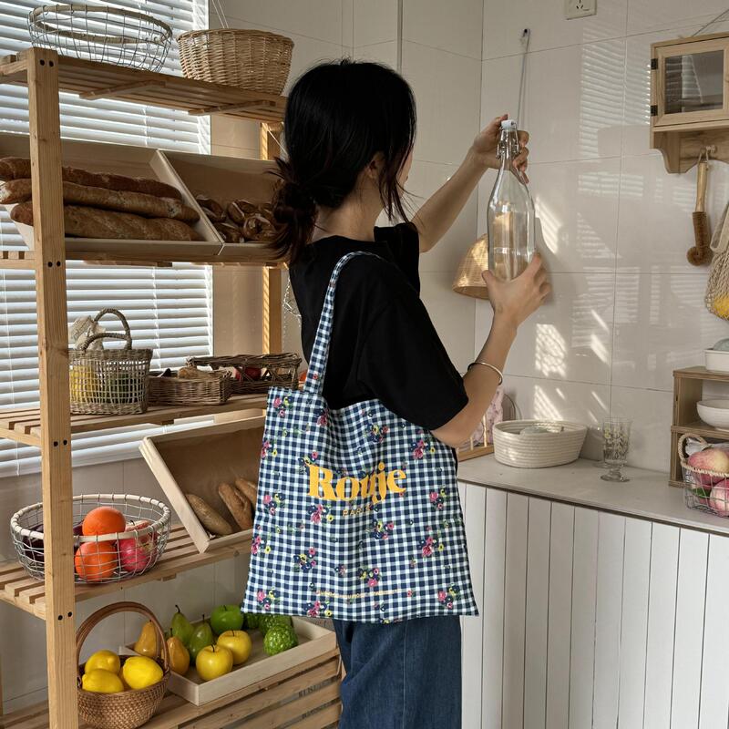 2024 New Ins Blogger Rouje Fashion Canvas Bag Bag Blue Plaid Flower Print Shoulder Bag Trendy