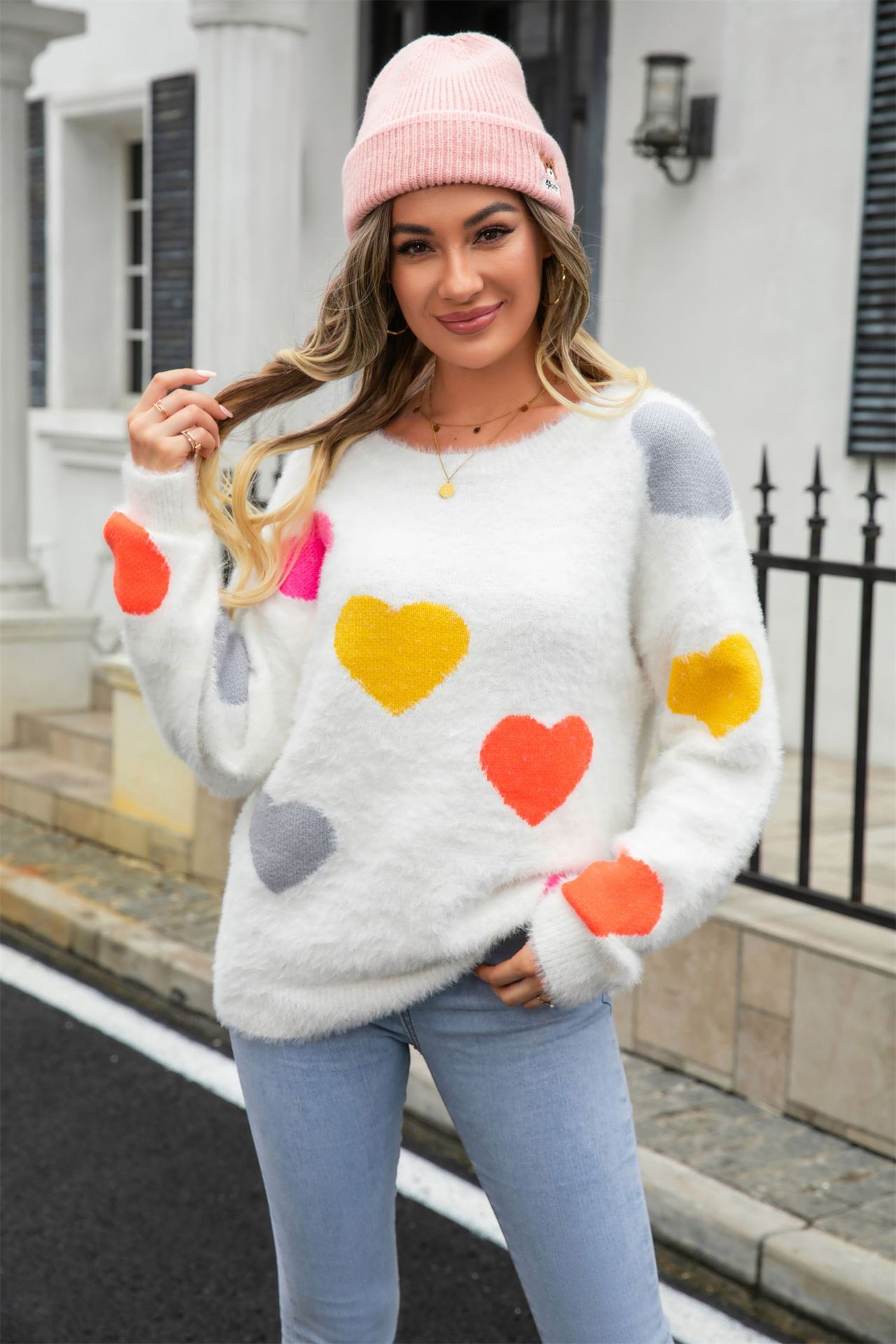 Suéter de punto con cuello redondo y corazón de piel de visón, estilo europeo y americano, novedad primavera 2026, para mujer, ideal para el Día de San Valentín.