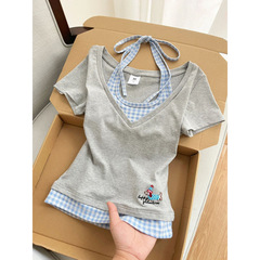 コントラストカラーチェック柄フェイクツーピース刺繍半袖Tシャツレディース夏甘辛スリムショルダースリムウエストトップショートスタイル